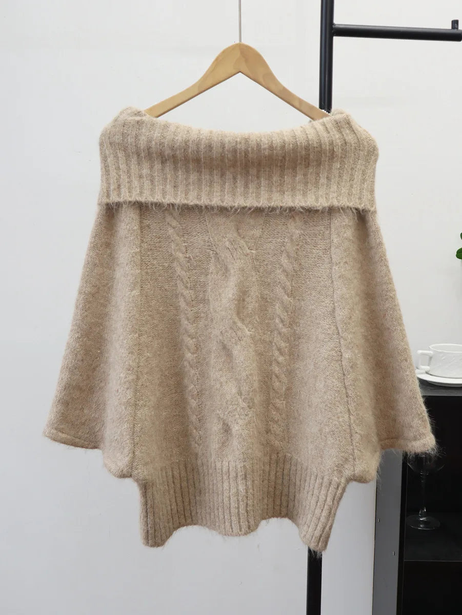 Autumn Winter New Off-Shoulder Design Thickened Cable Knit Cape Sweater Lazy Style Pullover For Women 11A07620 Khaki One Size