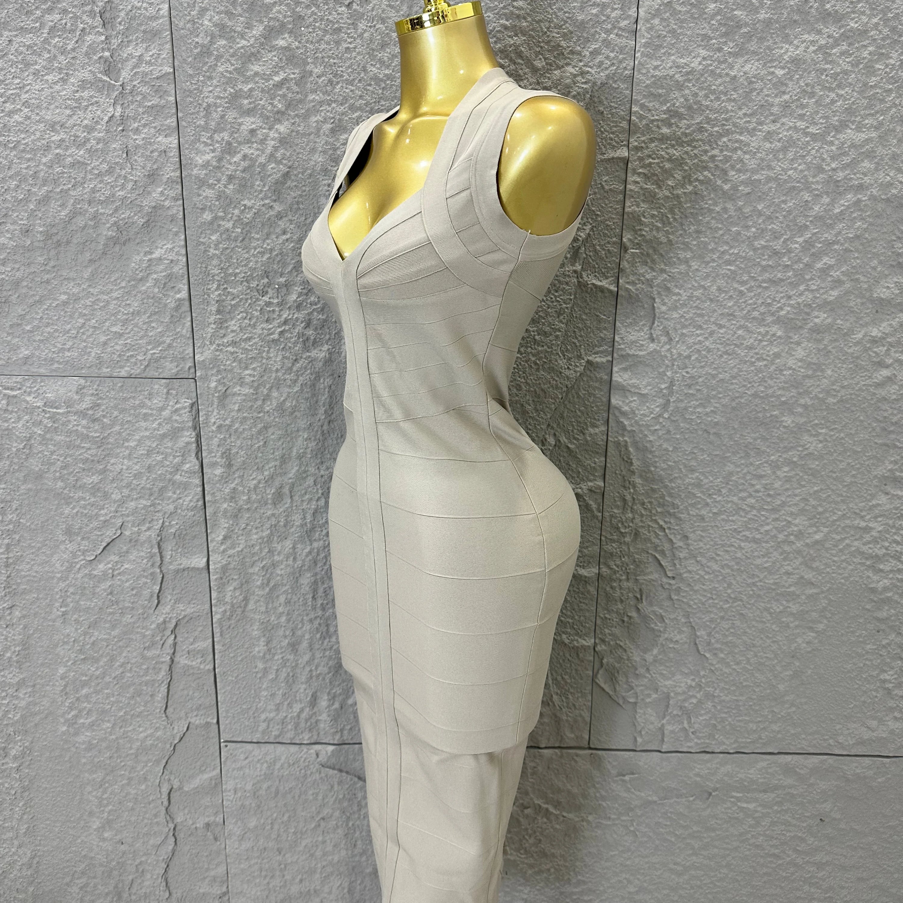 2026 Elegant Beige Bandage Midi Dress Women Sleeveless Deep V Neck Bodycon Cocktail Party Evening Gown Formal Event Wear