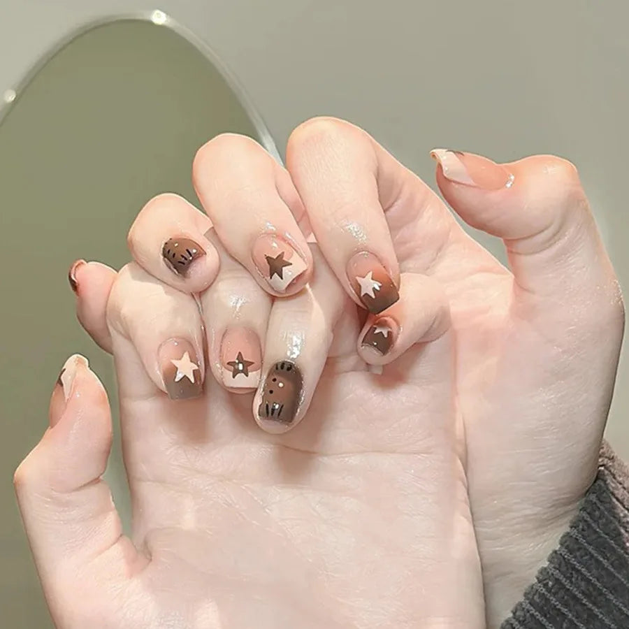 Medium fake nails for women gilrs gradient blue pink starry sky star moon Y2K design Almond nail tips press on false nail set 2341