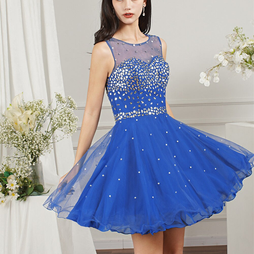 Royal Blue Short Homecoming Dress For Juniors Cocktail Party Beading Tulle O Neck Backless A Line Mini Prom Dresses Women