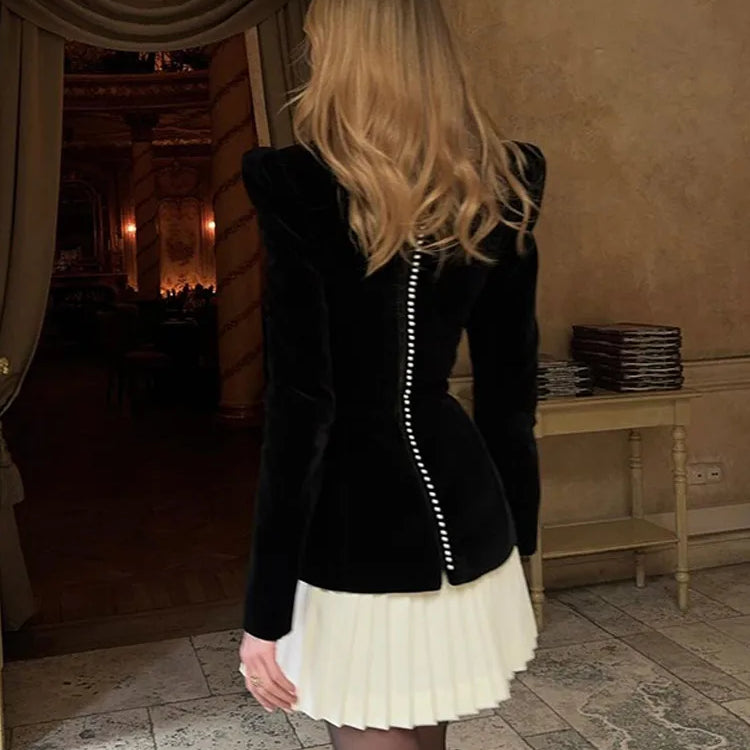 Fashion Contrasting Pleated Hem Midi Dress Elegant Square Neck Shoulder Pad Velvet Short Dresses Fall Lady Evening Party Vestido