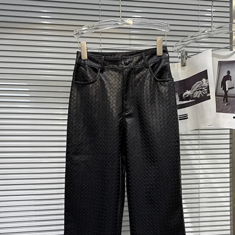 Winter New Fashion Plaid PU Leather Design Straight Pants For Women Black High Waist Streetwear Casual Pant 11A07828