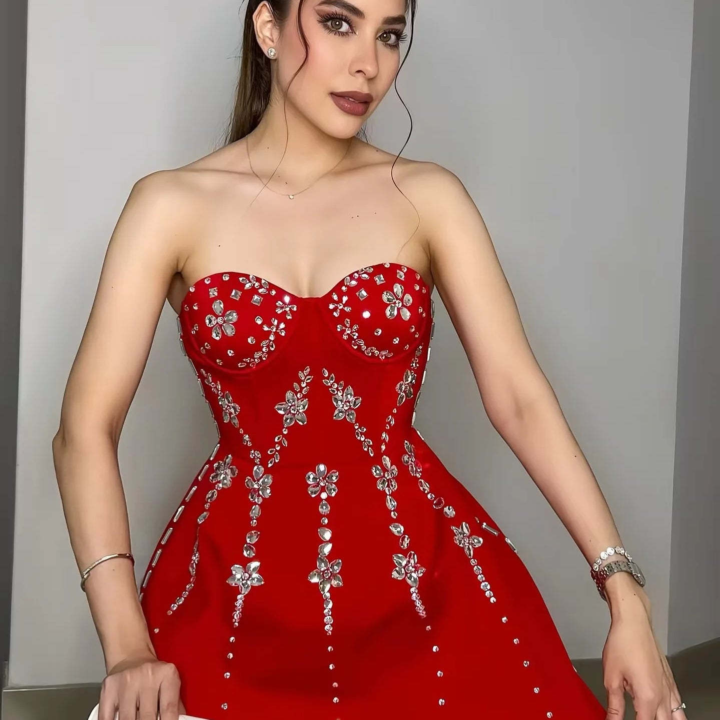 Black Red Women Sexy Strapless Shinning Crystal A-Line Mini Bandage Dress Celebrate Christmas Nightclub Party Outfit