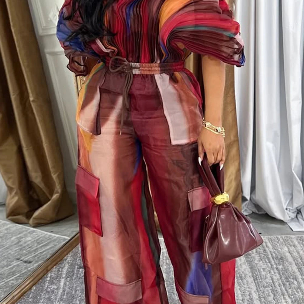 Plus Size Daily Hot Pink Gradient Round Neck Batwing Sleeve Half Sleeve Cargo Pleated Two Piece Pant Sets Brown