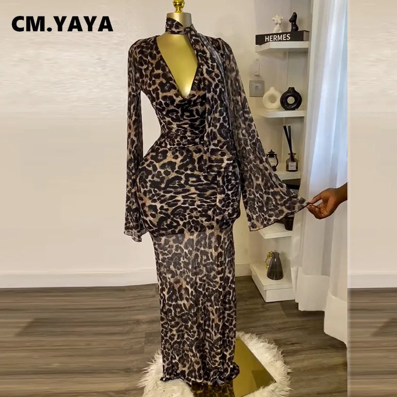 Women Full Sleeve Pile Collar leopard print Long Maxi Dress Holiday Beach Birthday Evening Sexy Party Dresses Vestidos