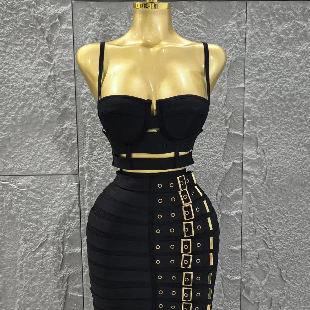 Black Color Women Sleeveless Sexy Strap 2 Pieces Bodycon Mini Bandage Dress Nightclub Party Birthday Fashion Outfit Vestido black