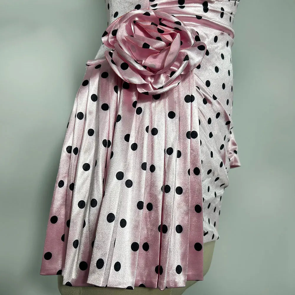 2025 Sexy Women'S Three-Dimensional Flower Patchwork Polka Dot Dress V-Neck Long Sleeved Draped Bodycon Pink Mini Dress Vestidos