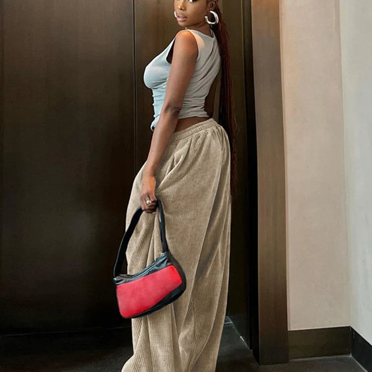 Sisterlinda Casual Y2K Wide-Leg Corduroy Pant Women 2024Spring Loose Basic Pocket High Waist Trousers All-Match Oversize Bottoms