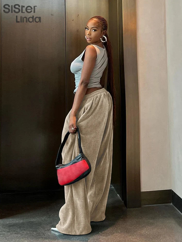 Sisterlinda Casual Y2K Wide-Leg Corduroy Pant Women 2024Spring Loose Basic Pocket High Waist Trousers All-Match Oversize Bottoms
