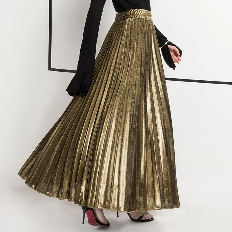 Women Shiny Luster Long Pleated Skirt Beach Party High Waist A-line Umbrella Long Skirt for Autumn