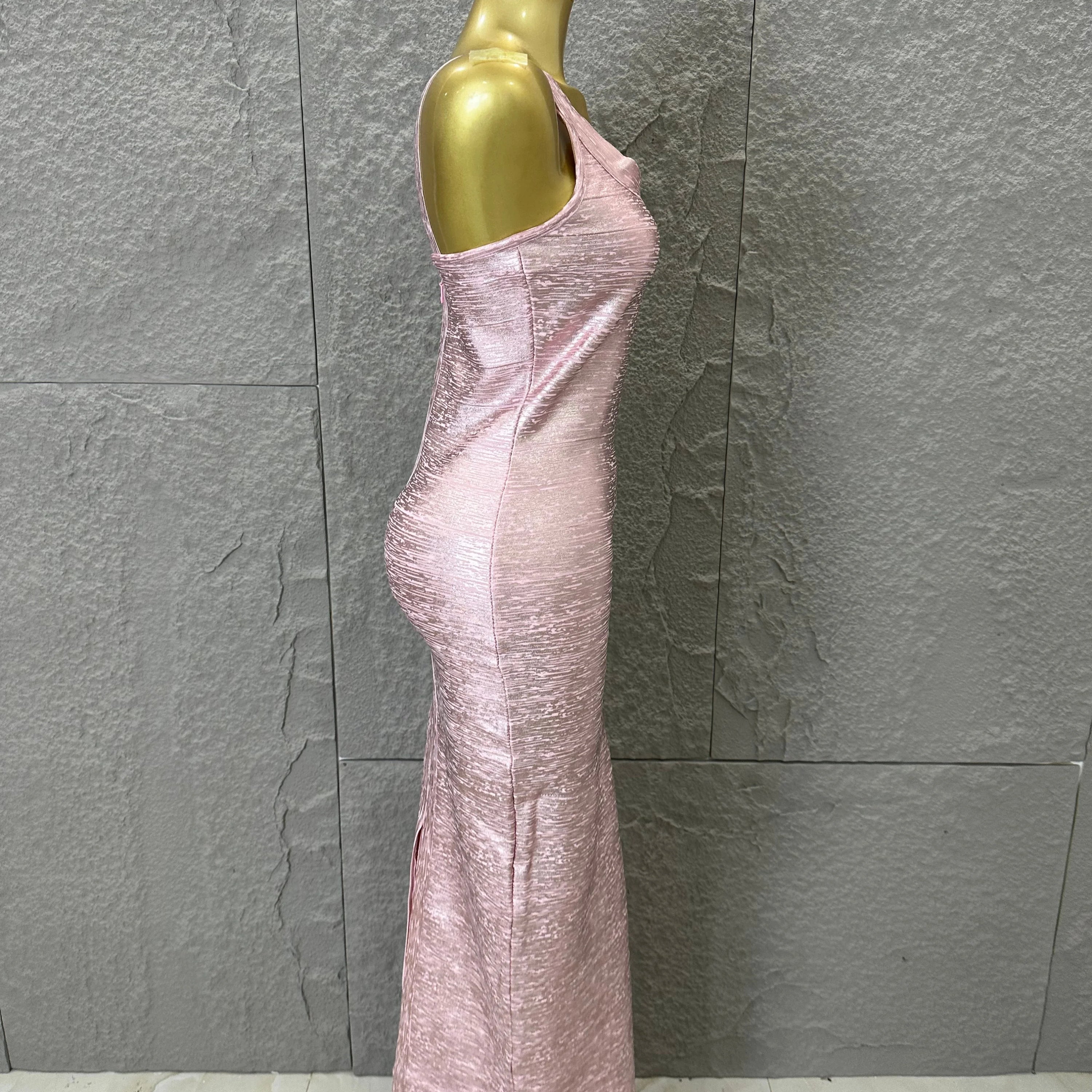 Elegant Pink Square Neck Maxi Dress Women Sexy Sleeveless Metallic Shimmer Form-Fitting Bandage Outfit Cocktail Party Costume