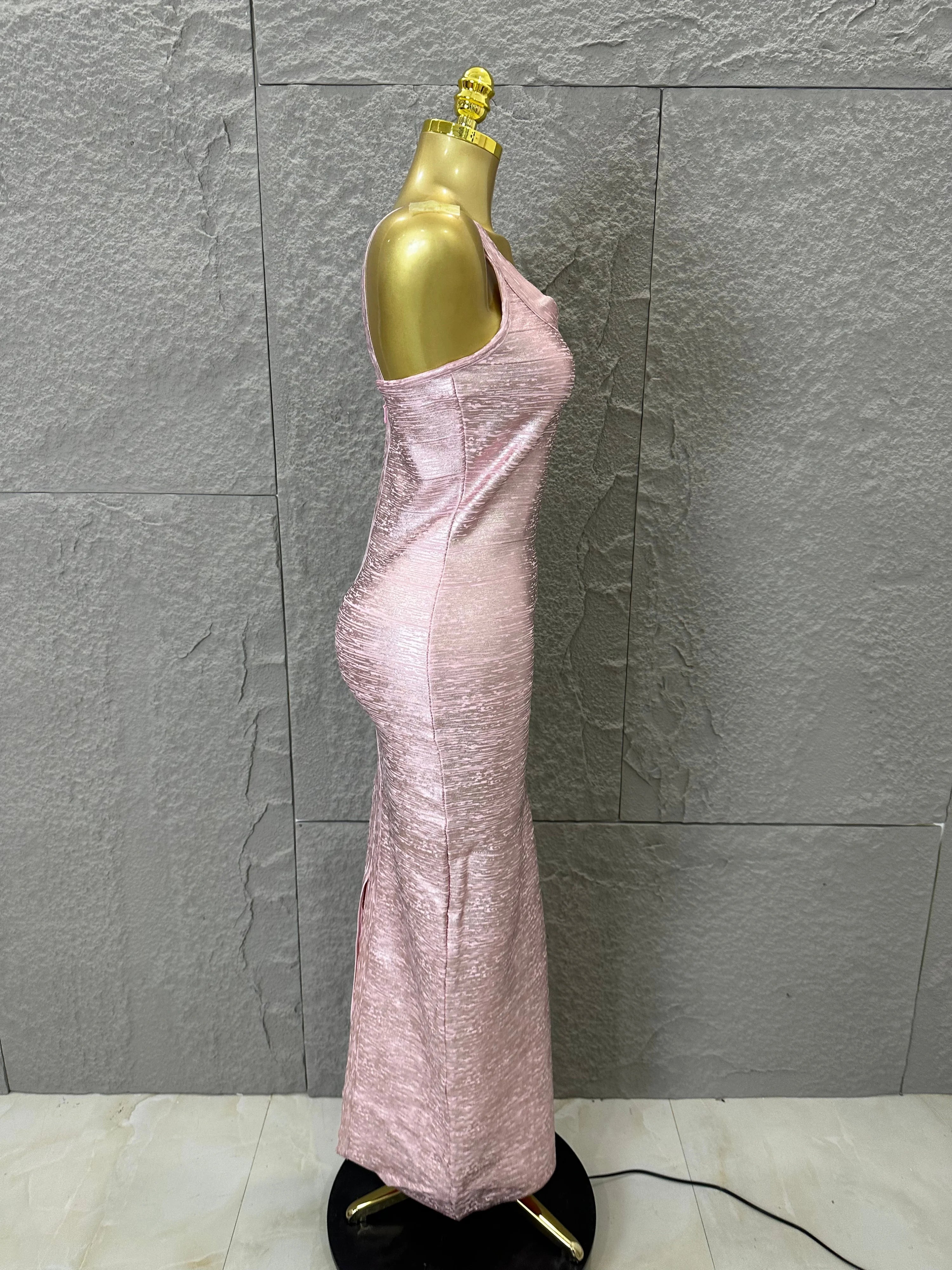 Elegant Pink Square Neck Maxi Dress Women Sexy Sleeveless Metallic Shimmer Form-Fitting Bandage Outfit Cocktail Party Costume