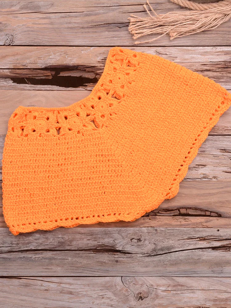 Bikini 2022 knitting Swimsuit Crochet Bikini Bohemia Style Off Shoulder High Neck Bathing Beach Bikinis Handmade Crochet Bikini Orange Bottom