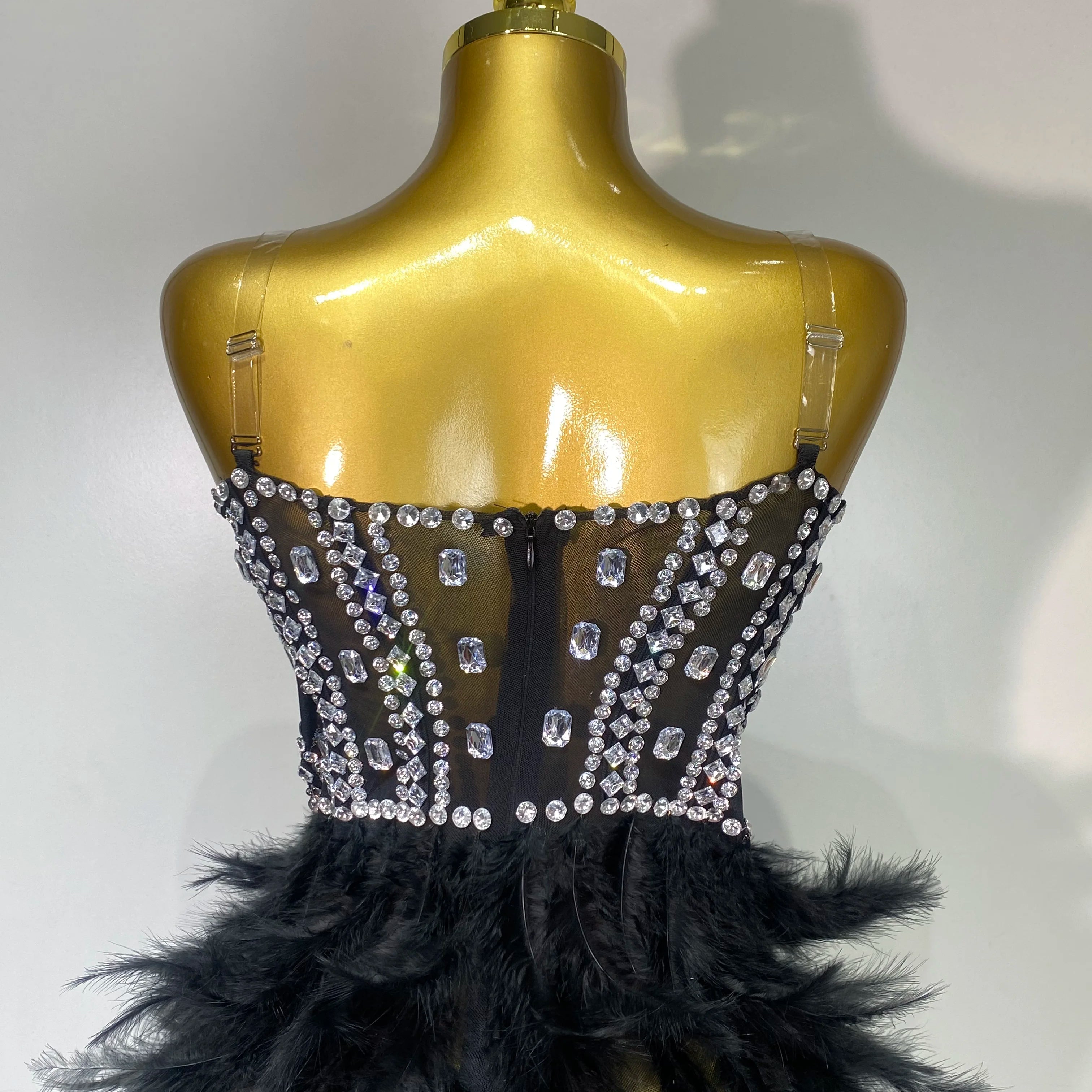 Luxury Birthday Evening Party Long Dress Women Sexy High Slit Backless Gowns Diamonds Feather Patchwork Stage Perform Costume