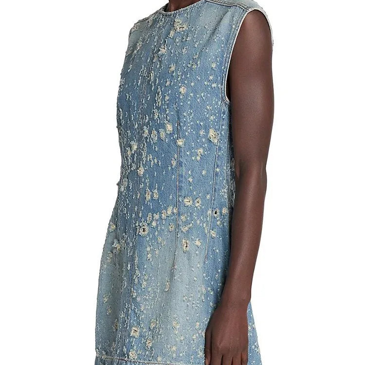 Denim Hollow Out Dresses For Women Round Neck Sleeveless Tunic Patchwork Pockets Vintage Dress Female Fashion Style
