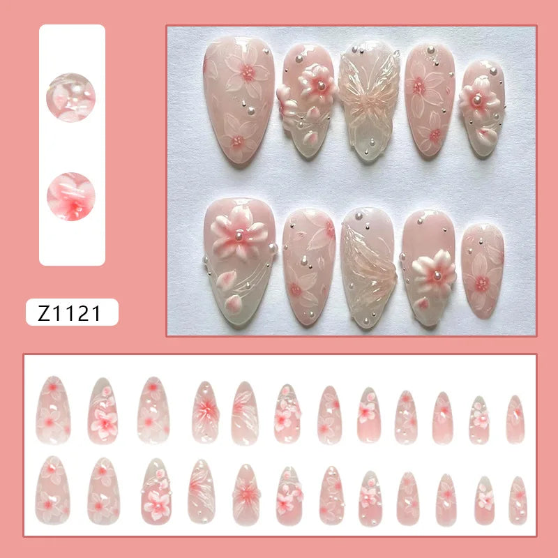 24pcs Pink Flower Press on Nails Ins Sweet Petals Print False Nails for Girl Wearable Reusable Fashion Almond Fake Nail Tips 1