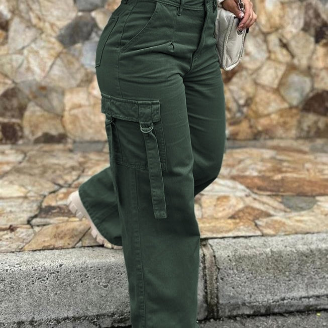 Women Straight Leg Cargo Pants High Waist Pockets Casual Baggy Pants Y2K Denim Drawstring Streetwear Stretch Joggers Trousers
