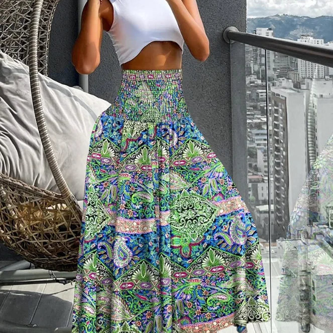 Women Fashion Bandanna Paisley Big Swing High Waist Maxi Skirt Streetwear 2024 Boho Vintage Casual Long Skirts Light Green