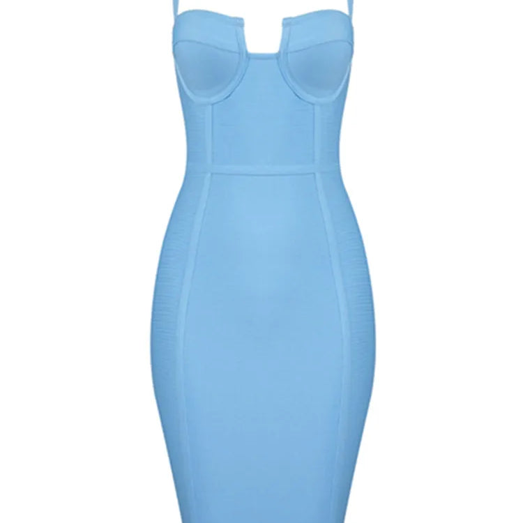 9 Colors Ladies Sexy Blue Yellow Black Rayon Women Summer Bandage Dress Celebrity Designer Fashion Party Dress Vestido Sky Blue