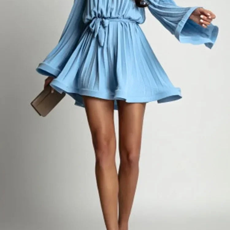 08 New Spring Summer Elegant Pleated Dress Women Fashion Solid Round Neck Flared Sleeve Lace-up Pleated Mini Dress Women Sky Blue