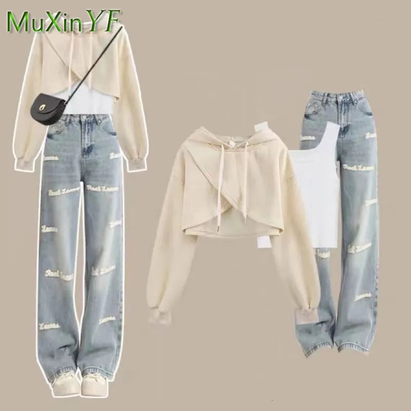 Women's 2024 Autumn New Matching Set Korean Elegant Short Sweater+Tank Top+Letter Jeans Three Piece Female Chic Denim Pants Suit