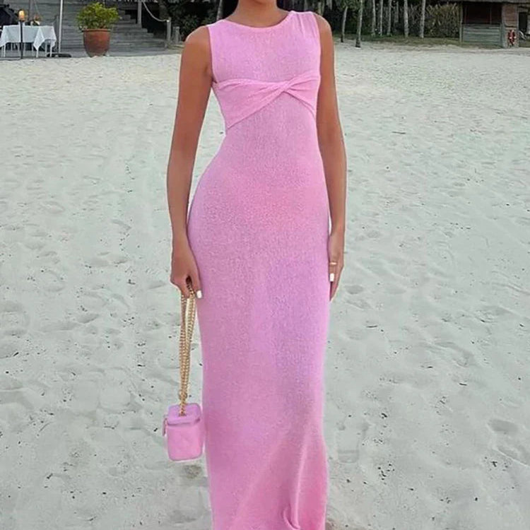 Fantoye Knitted Round Neck Ruched Women Maxi Dress Pink Sleeveless See Through Dress Femme Summer Skinny Elegant Party Beachwear Pink