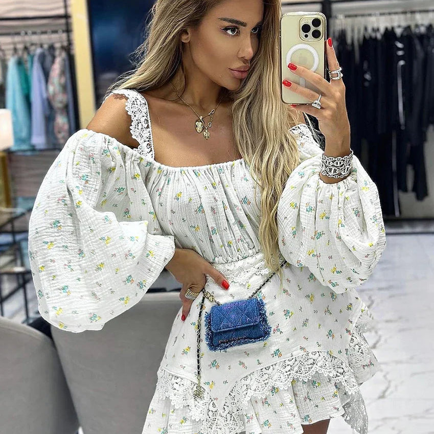 Clacive Sexy Loose Print Women'S Dress Fashion Square Neck Puff Sleeve Mini Dress Elegant Lace Spliced Pleated Female Dress