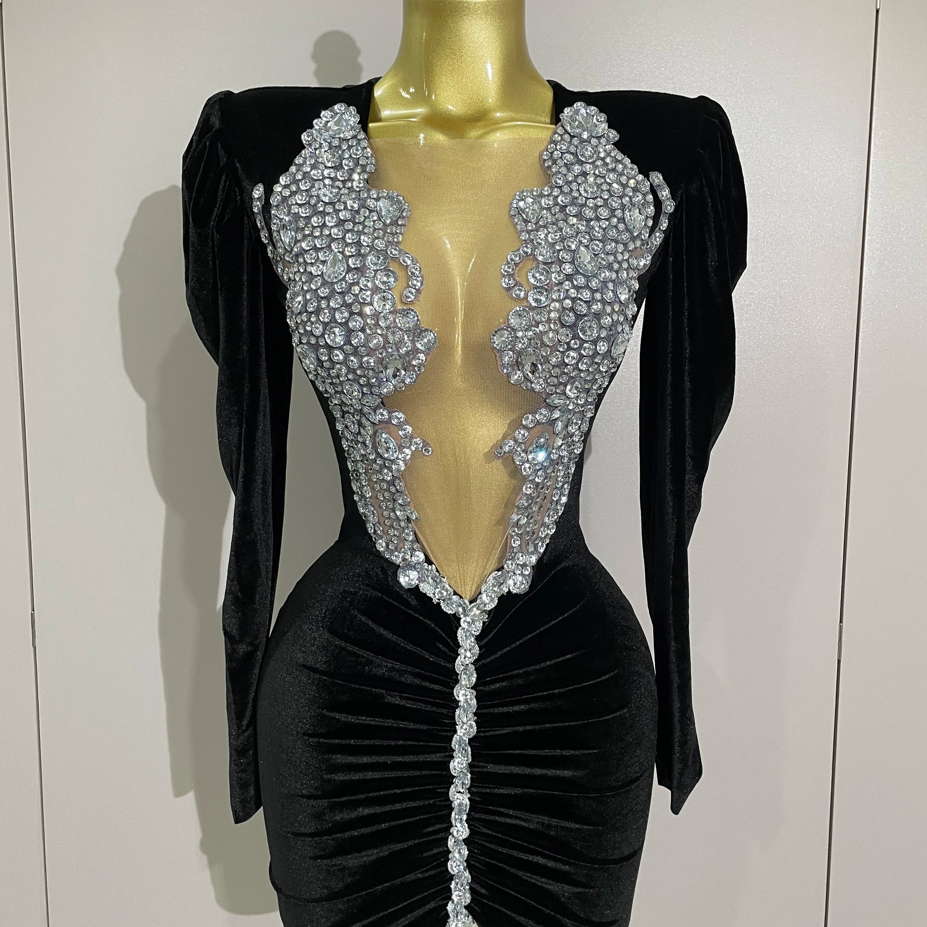 Luxury Sparkly Crystals Sexy Mesh White Velvet Short Dress 2025 Women Elegant Evening Prom Birthday Party Dresses Stage Costume black