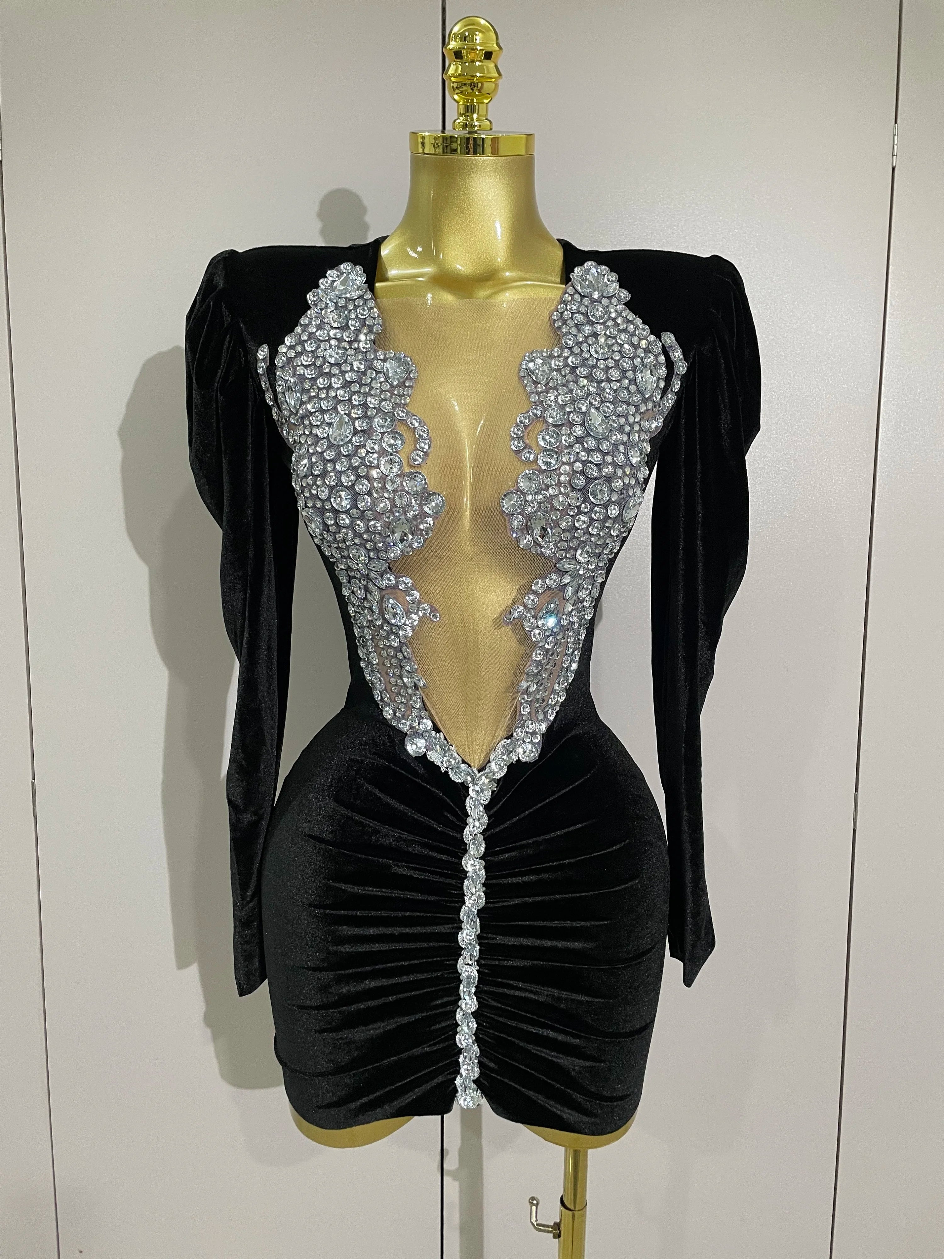 Luxury Sparkly Crystals Sexy Mesh White Velvet Short Dress 2025 Women Elegant Evening Prom Birthday Party Dresses Stage Costume black