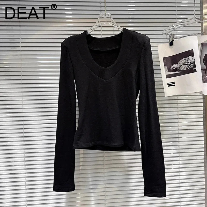 Winter New Fashion V-Neck Simple Design Shoulder Pad Long Sleeve Base T-Shirt For Women Solid Color Top 11A07711