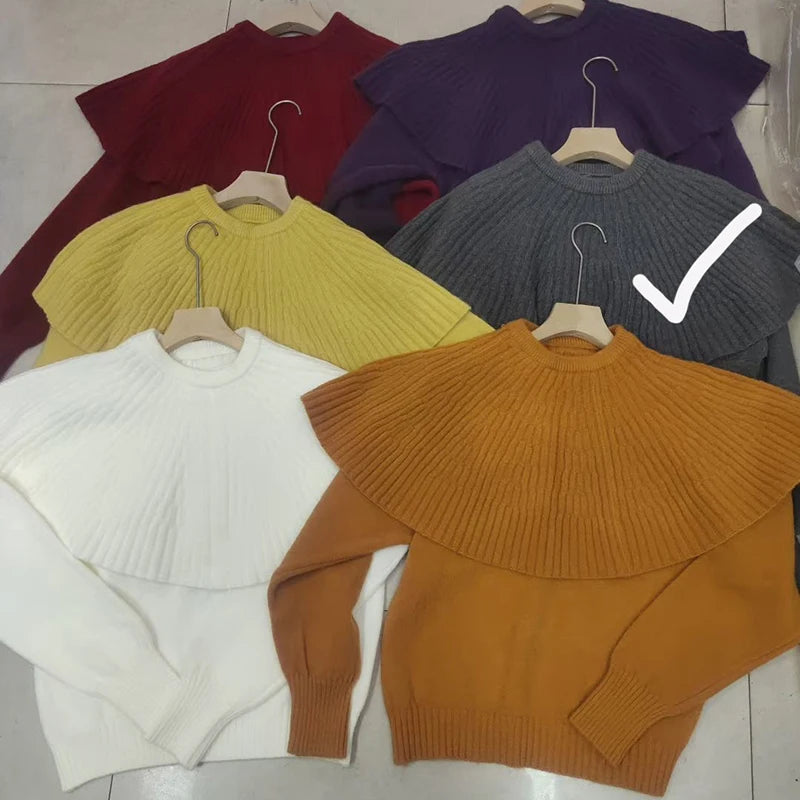 Autumn Winter New Design Fake Two-Piece Shawl Long Sleeve Pullover Sweater For Women Knitted Top Female Trend 11A07562 Gray One Size