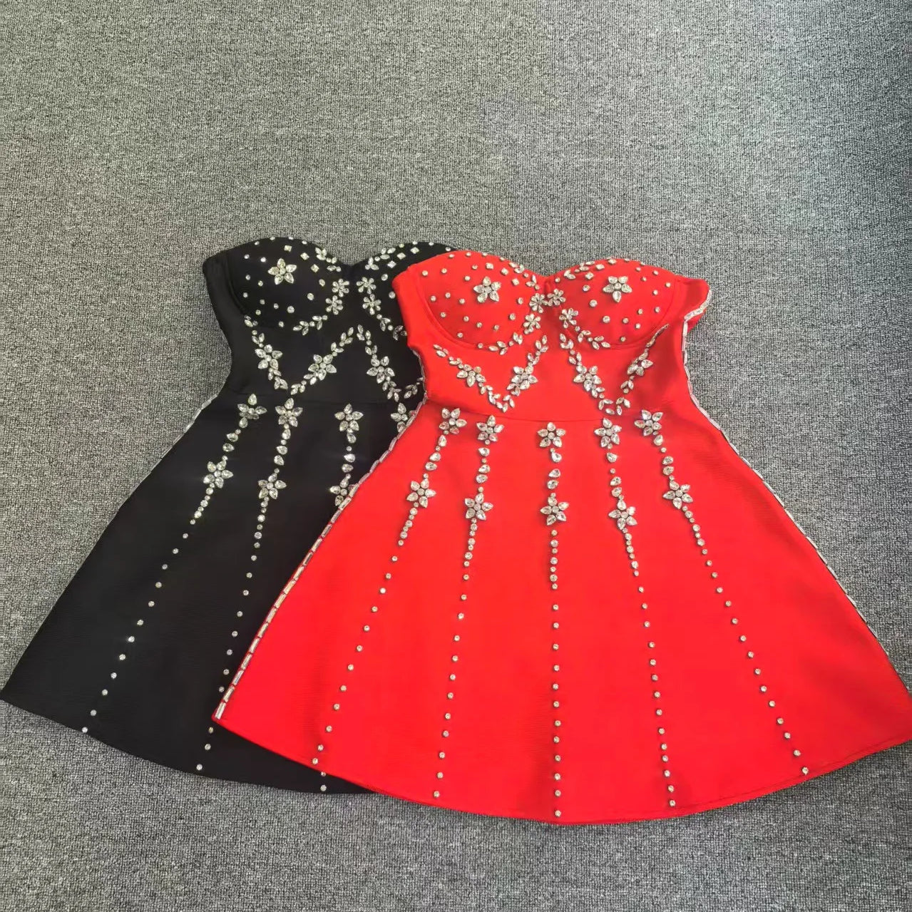 Black Red Women Sexy Strapless Shinning Crystal A-Line Mini Bandage Dress Celebrate Christmas Nightclub Party Outfit