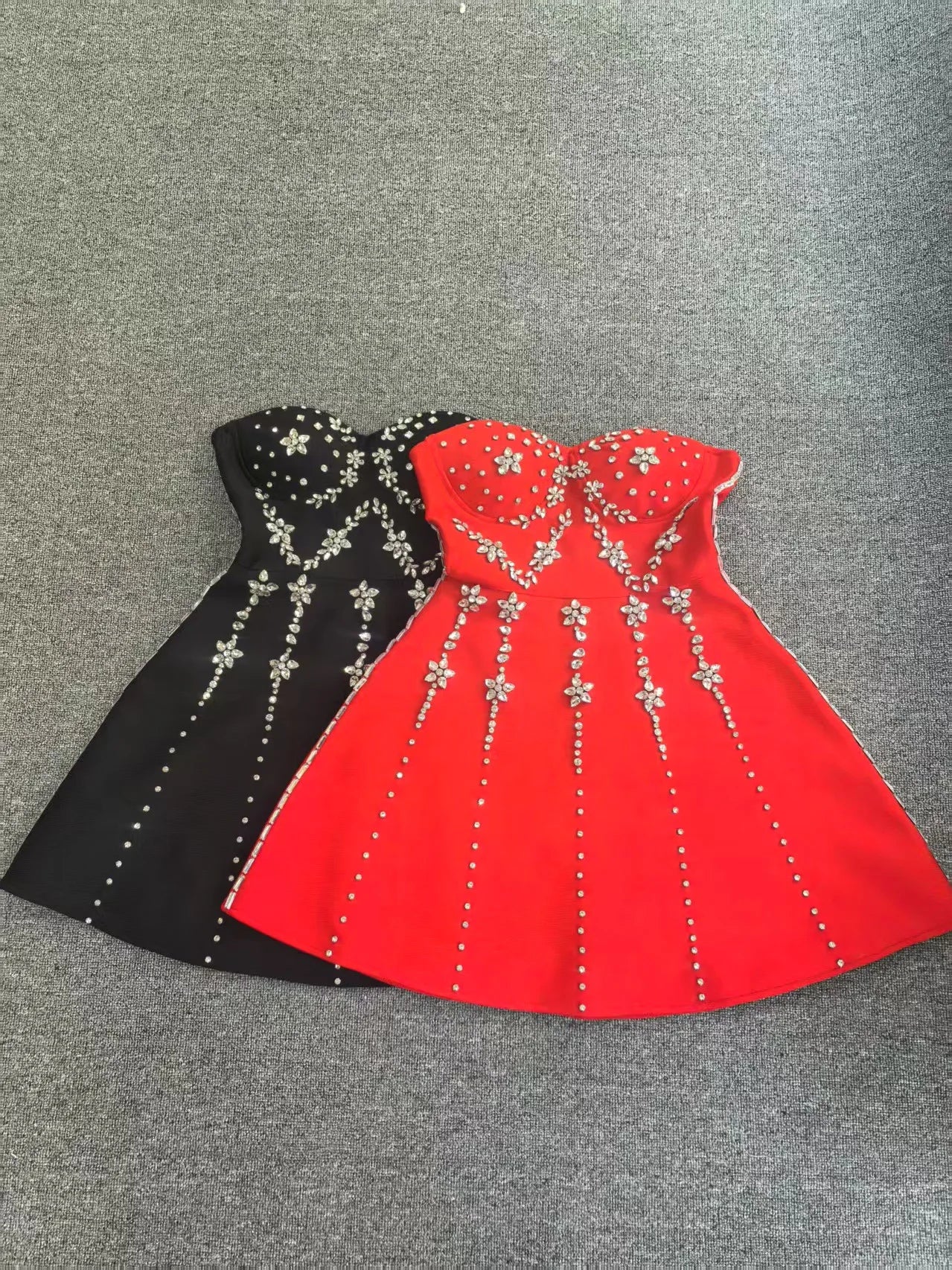 Black Red Women Sexy Strapless Shinning Crystal A-Line Mini Bandage Dress Celebrate Christmas Nightclub Party Outfit