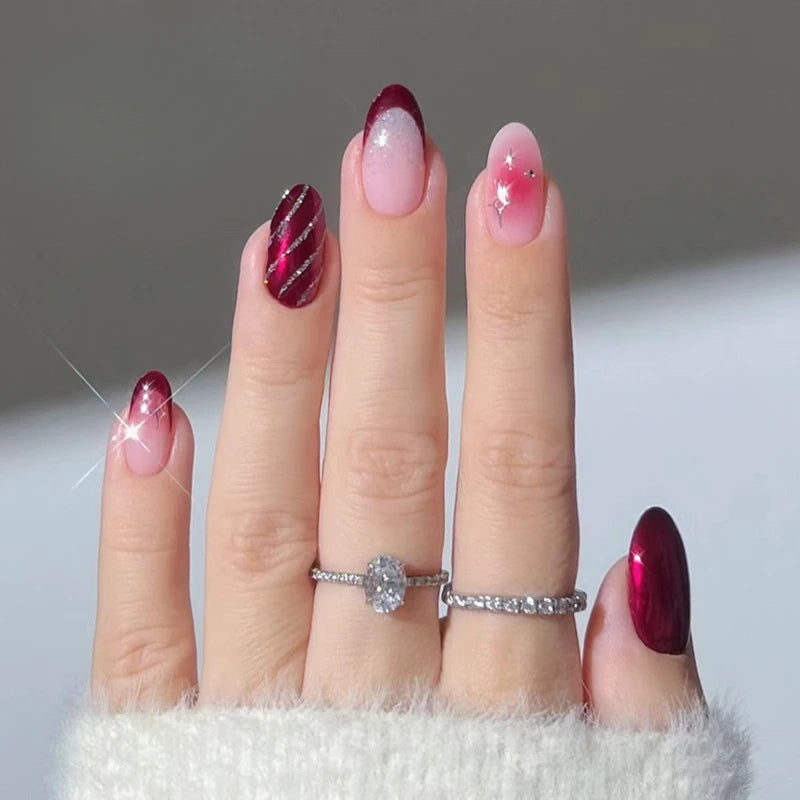 24Pcs Retro Press on Fake Nails Almond Oval Gold Star Nails Patch with Studded Diamond designs Detachable Cool Manicure Art Set 3