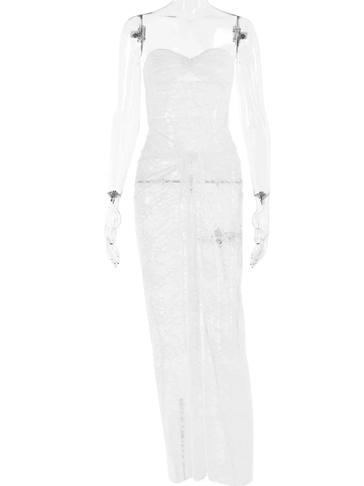 JULISSA MO Women Strapless Backless Sexy Dress Lace Hollow Out Ruched Off Shoulder Midi Dress Ladies Chic Slim Outfits 2023 White