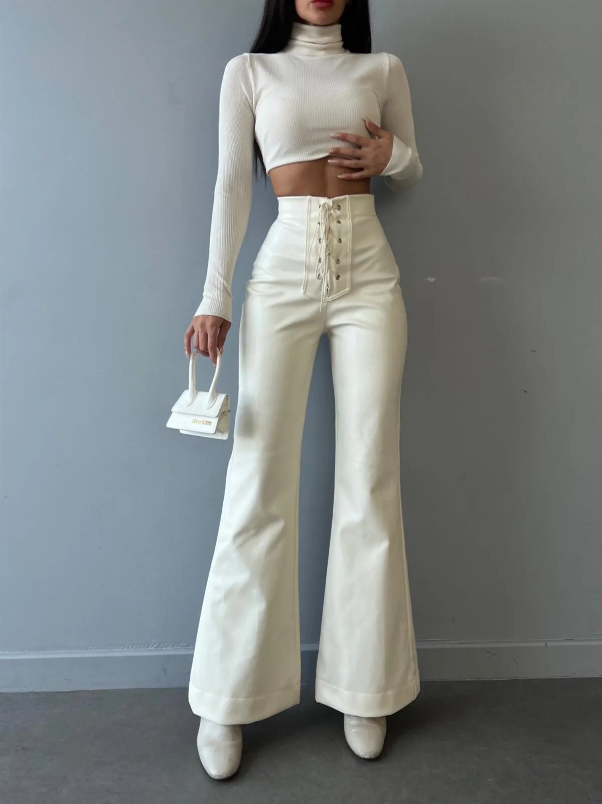 Stylish Chic Faux Leather Pants Women Autumn Winter Sexy High Waist Long Flare Pants Woman Drawstring Black PU Leather Trousers White