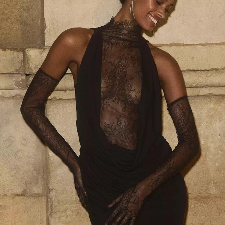Glamorous Black Halter Dress with Lace Details Gloves for Fashion Events Party Evening Gown