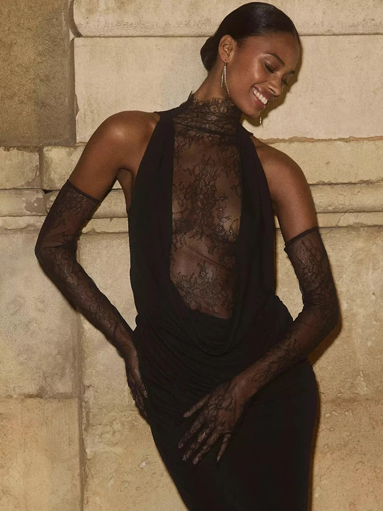 Glamorous Black Halter Dress with Lace Details Gloves for Fashion Events Party Evening Gown