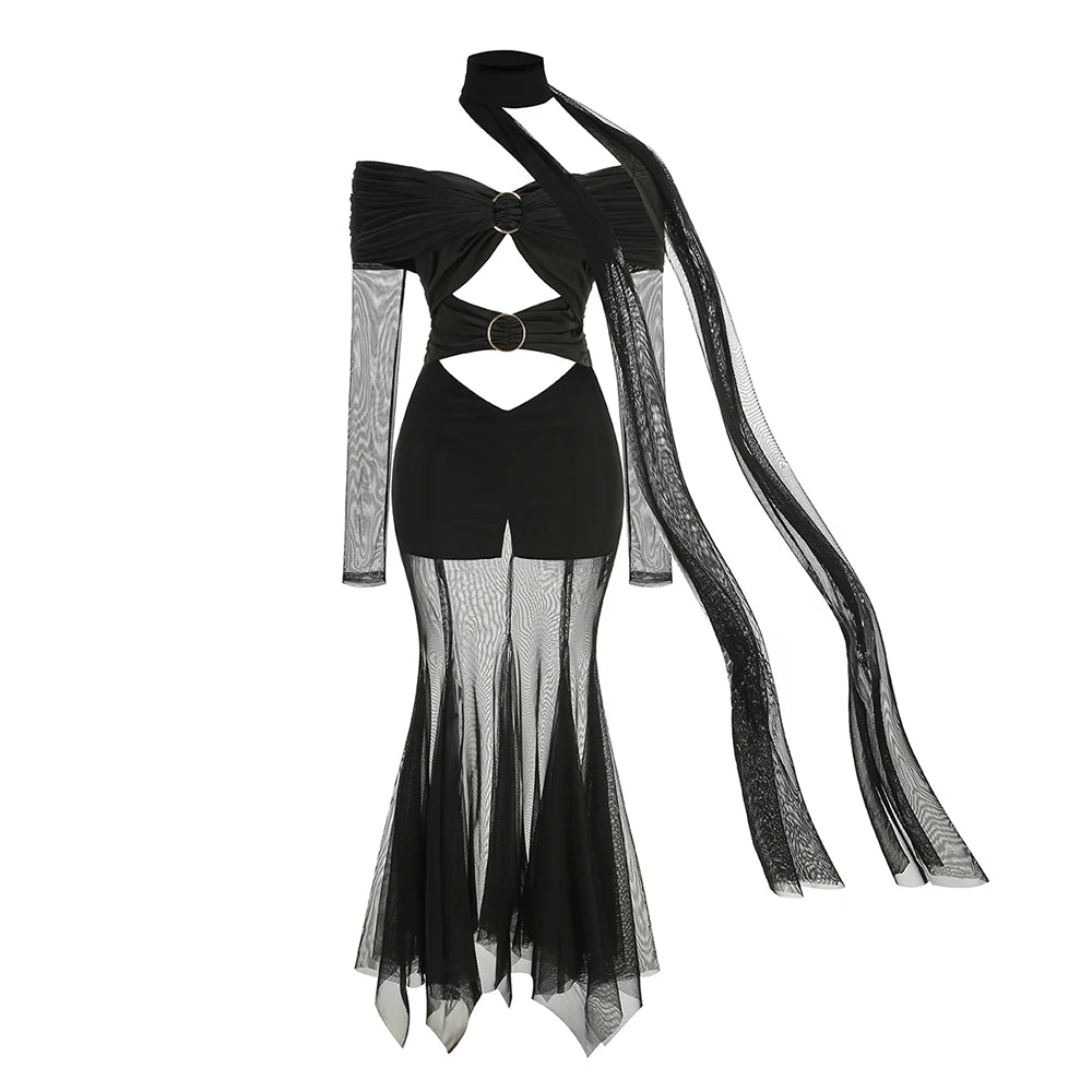 New Fashion Black Color Women Strapless Sexy Mesh Wid Leg Pants Long Jumpsuit Elegant Evening Party Celebrate Photo Shoot Wear