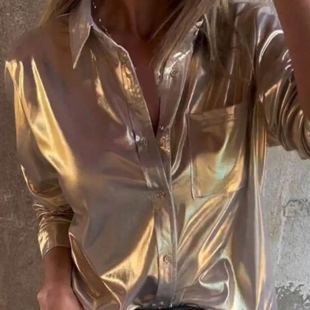 Button-down Blouse Stylish Lapel Long Sleeve Women's Shirt Tops with Patch Pocket Casual Suede Single Breasted Bright for A