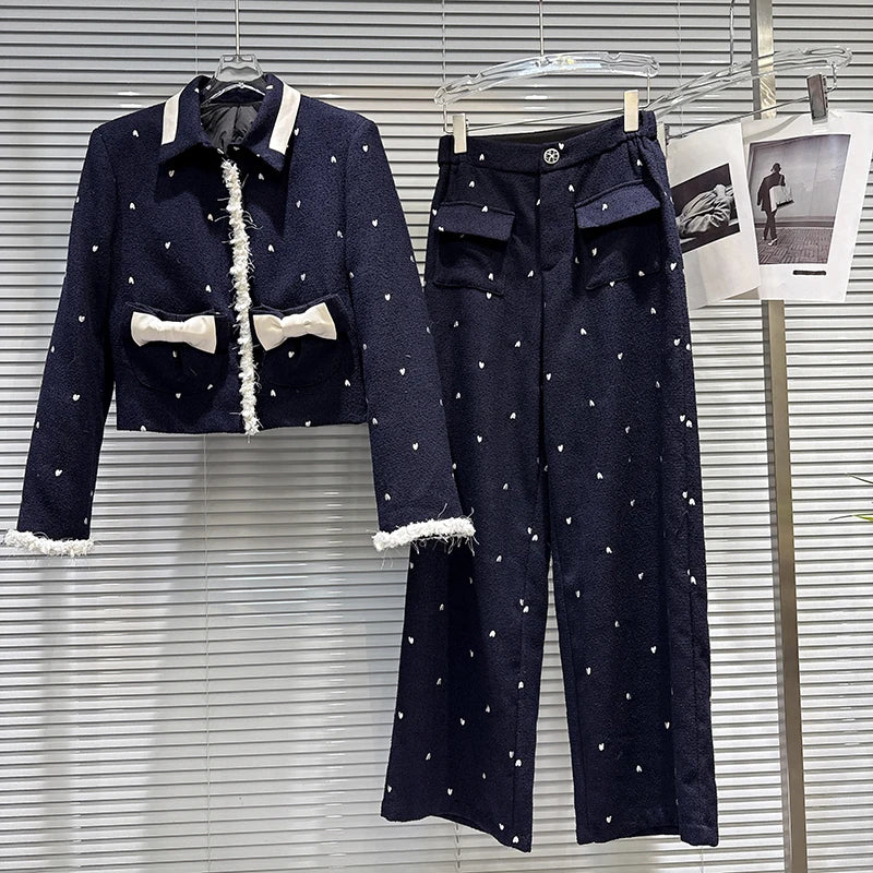 Winter New Fashion Heart Embroidery Woolen Quilted Jacket High Waist Straight Pants Women's Two-pieces Set 11A07556 Blue