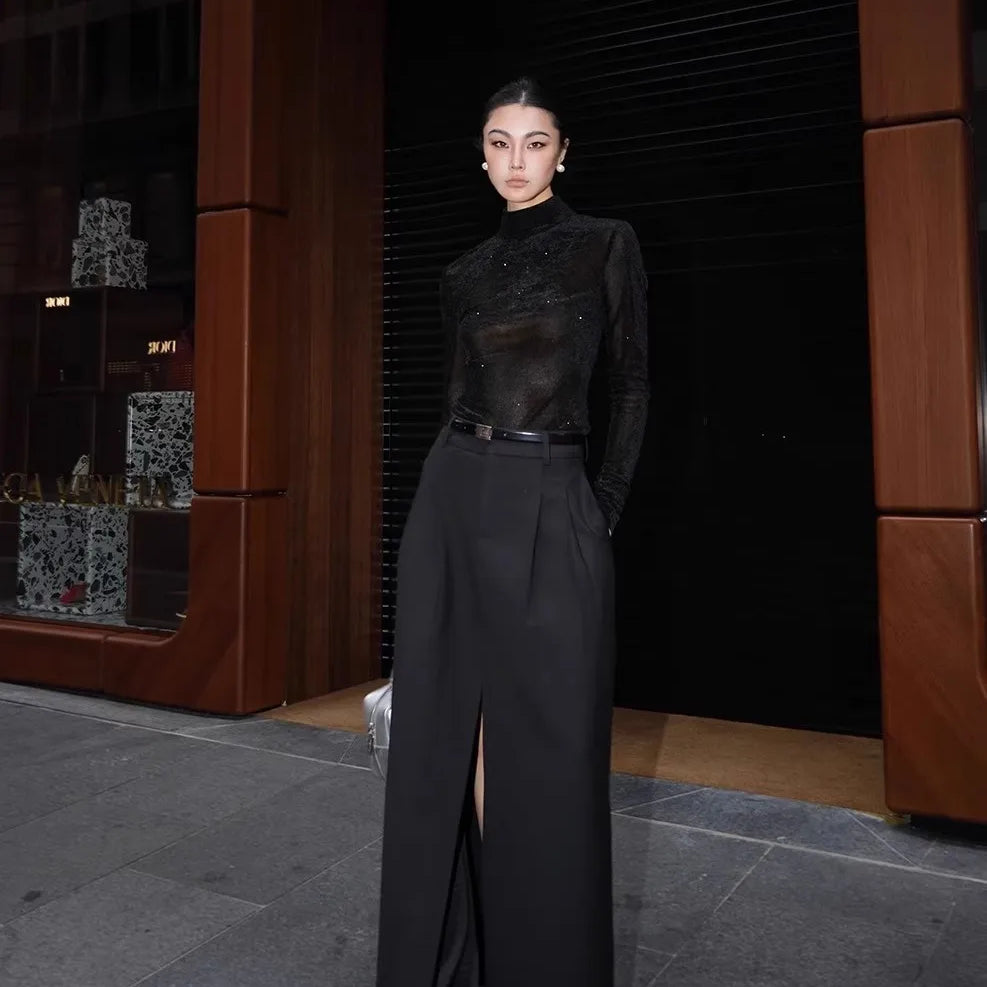 Lautaro Spring Summer Black Flowy Floor Length Skirt Women with Front High Slit High Waist Elegant Chic Luxury Designer Clothes