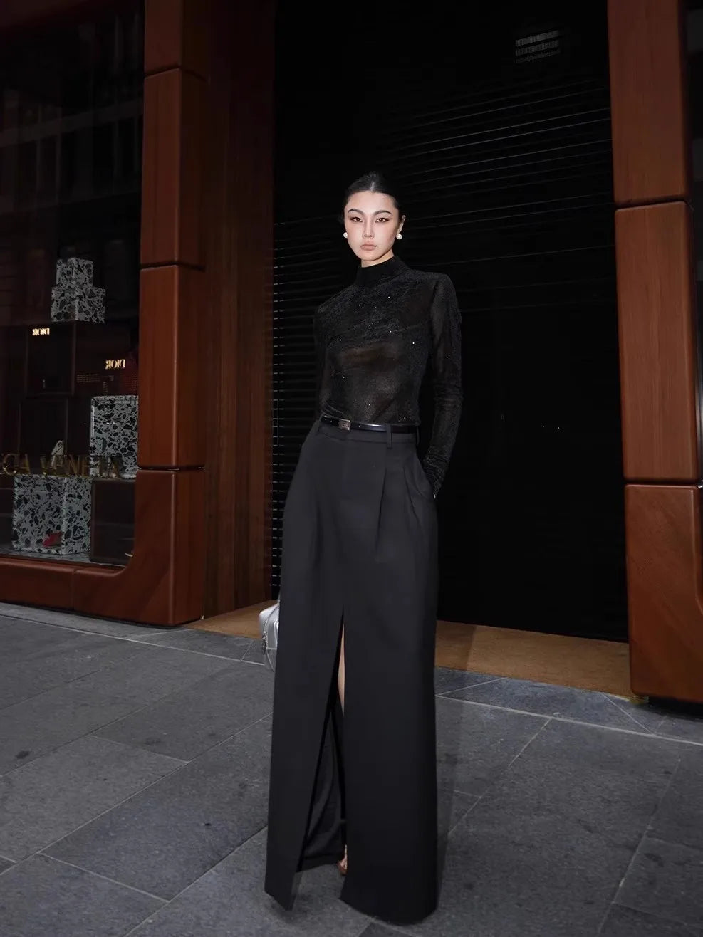 Lautaro Spring Summer Black Flowy Floor Length Skirt Women with Front High Slit High Waist Elegant Chic Luxury Designer Clothes