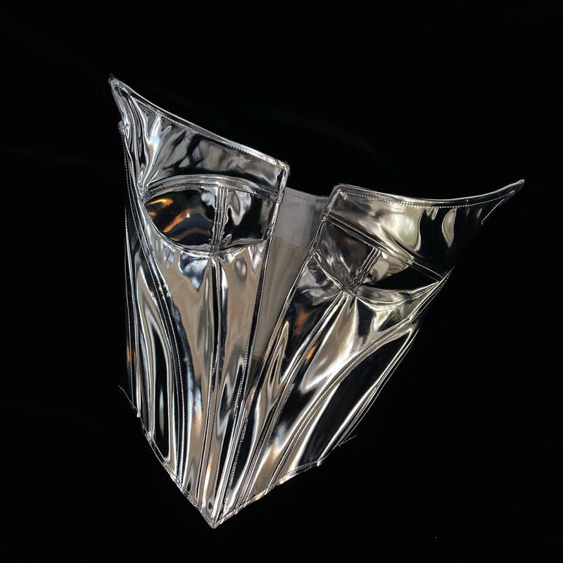 Sexy Women Shiny Gold Silver Bustier Crop Tops Bright PU Leather Crown Girdle Slimming Waist Strapless Low-cut Corset Top Summer Silver 2