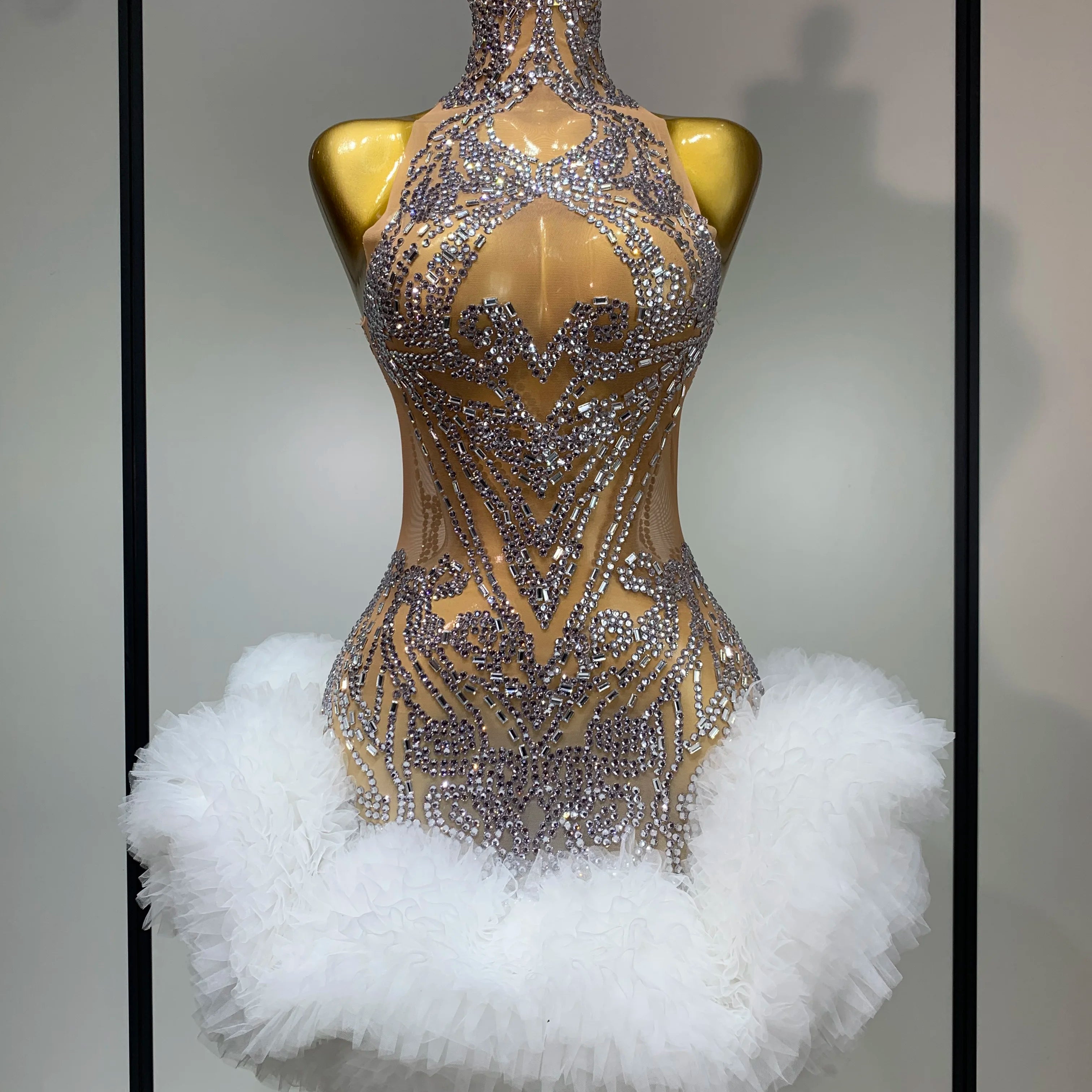 Luxury Women Sexy Sparkly Rhinestone Sleeveless Mesh See Through Bodycon Mini Birthday Dress Evening Party Performance Costume Khaki