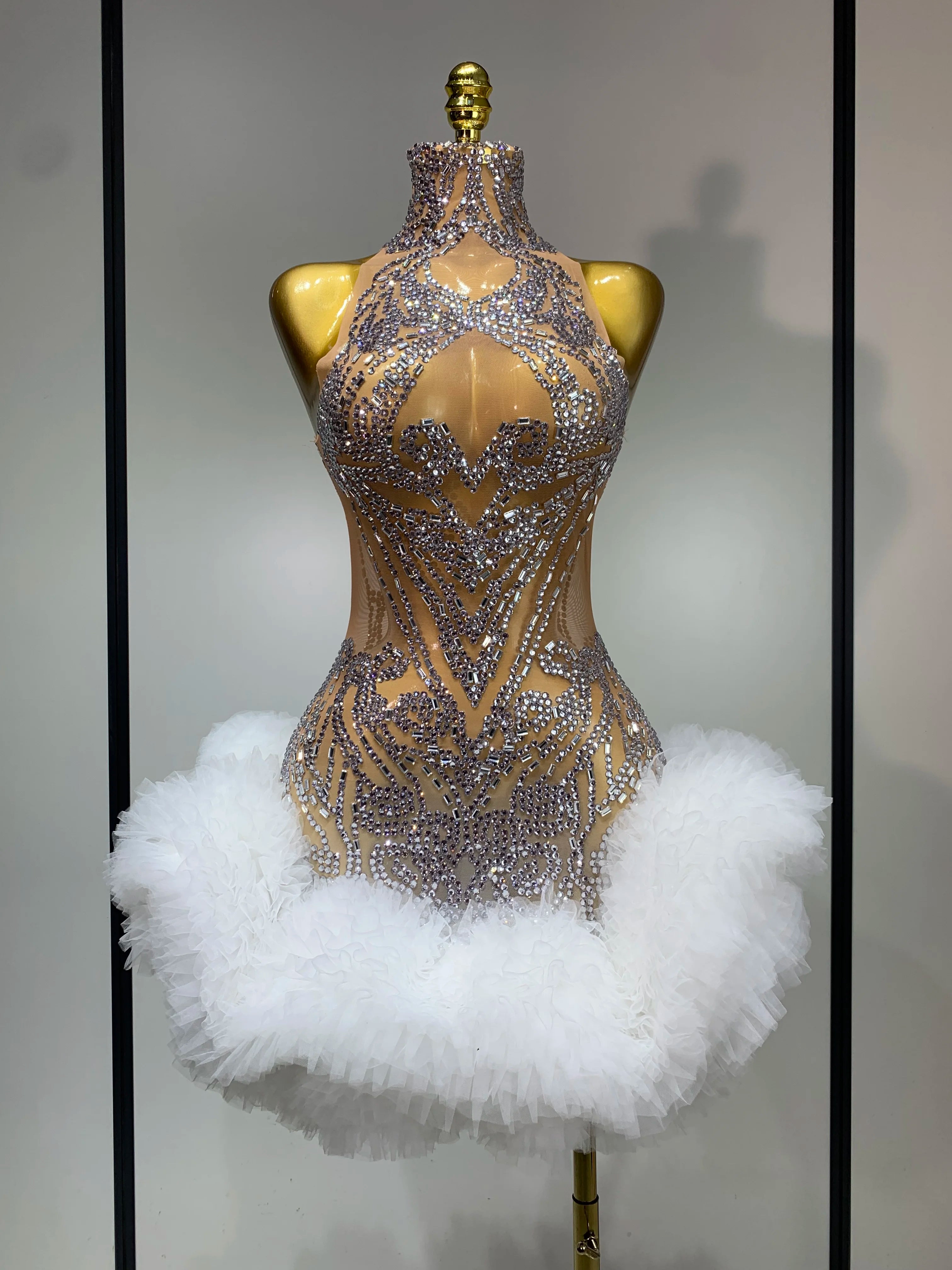 Luxury Women Sexy Sparkly Rhinestone Sleeveless Mesh See Through Bodycon Mini Birthday Dress Evening Party Performance Costume Khaki
