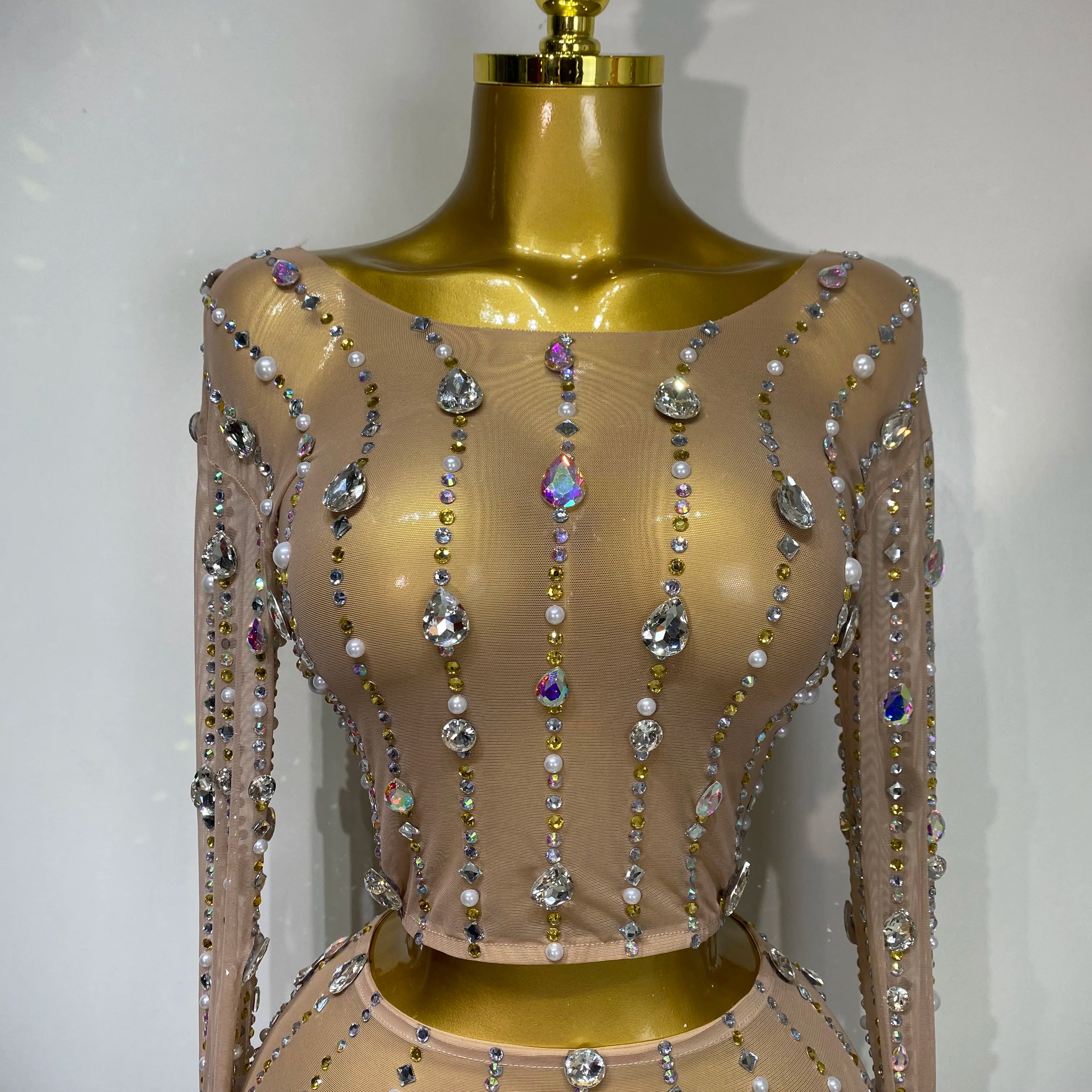 Women Sparkly Rhinestones Top Long Skirt Two Pieces Set Singer Dancer Nightclub Stage Performance Costume Luxury Birthday Dress