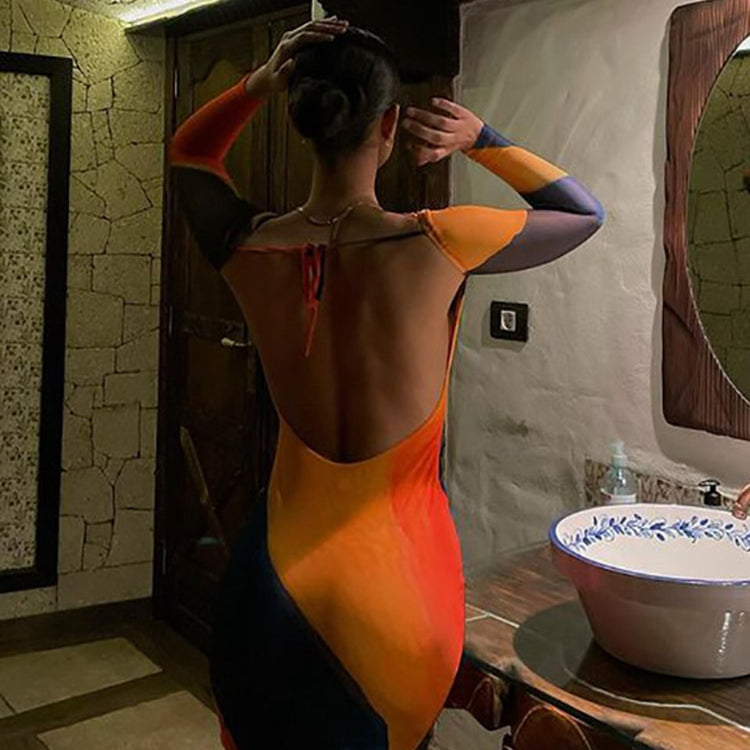 Sexy Backless Maxi Dress Fashion Print Long Sleeve Bodycon Party Dress Beach Outfits 2022 New Summer Evening Club Dress