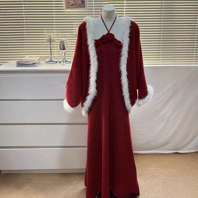 Winter New Fashion Spliced Furry 3D Flower Sweater Coat Evening Party Knitted Dress Two-Piece Set For Women 11A07912 Red One Size