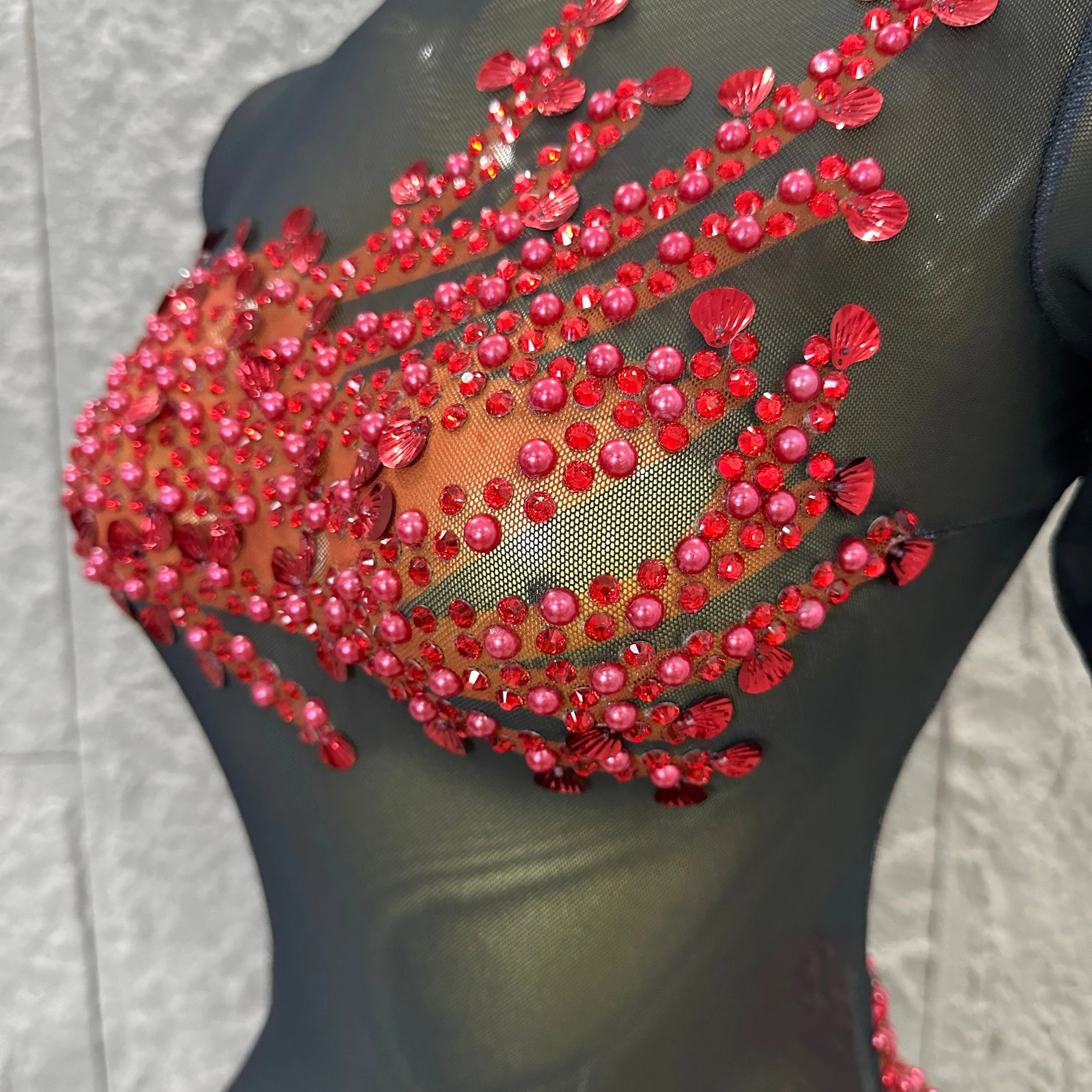 Sexy 2026 Black Sheer Mesh Maxi Dress Women Long Sleeve High Neck Red Rhinestone Embellished Bodycon Stage Costume